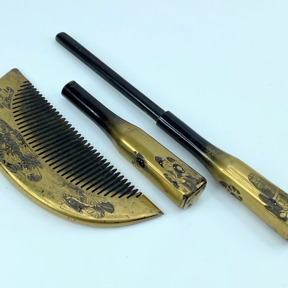 Japanese kanzashi comb and hairpin gold lacquer Pond flower Signed c1950 GS517 main image 9